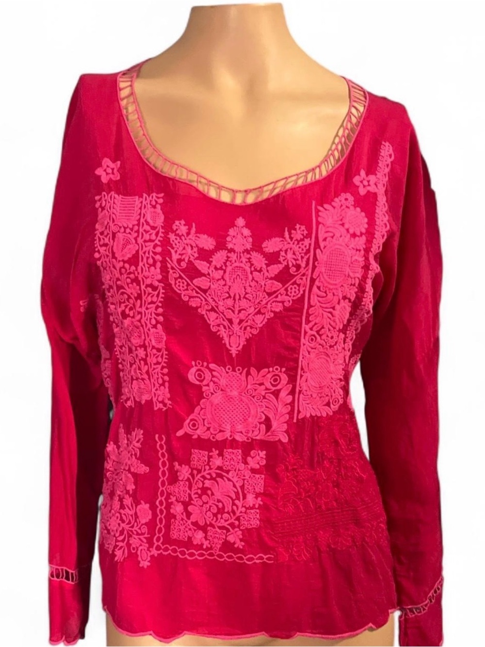 Johnny Was Hot Pink Embroidered Cupra Rayon Boho Tunic Blouse